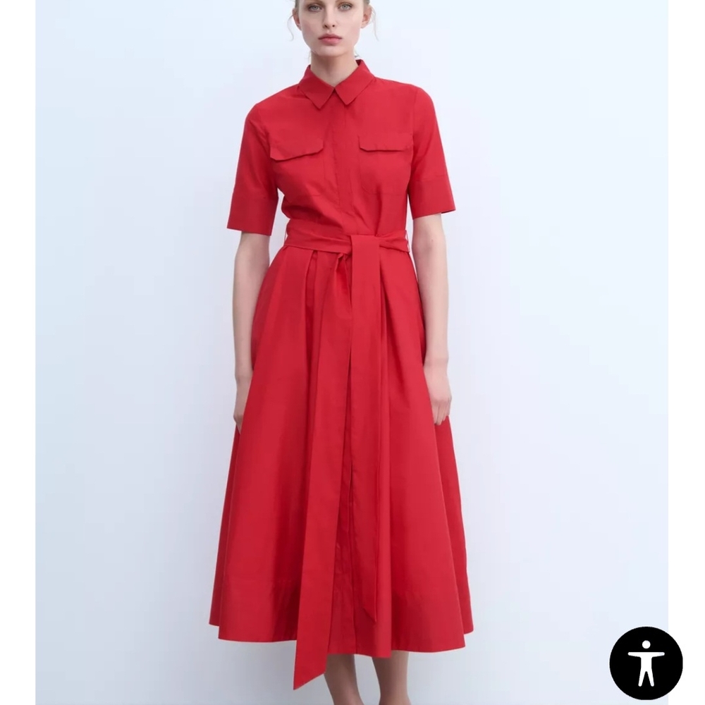 Zara Red Notched Collar Short Sleeve Midi Dress - Picture 4 of 4